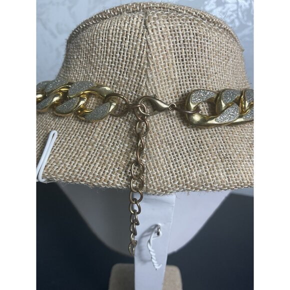 Chunky Gold Tone Cuban Link Chain Necklace Glitter Accents Statement Jewelry - Picture 4 of 4